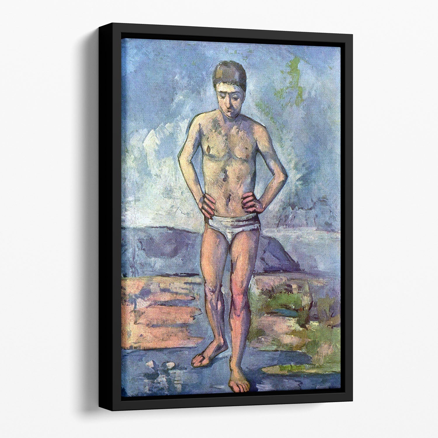 A vibrant floating framed canvas featuring 'A Swimmer' by Cezanne, showcasing abstract colors and forms.